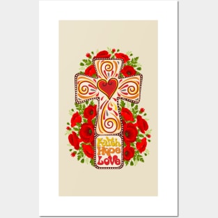 Christian Christ Cross and Flowers Posters and Art